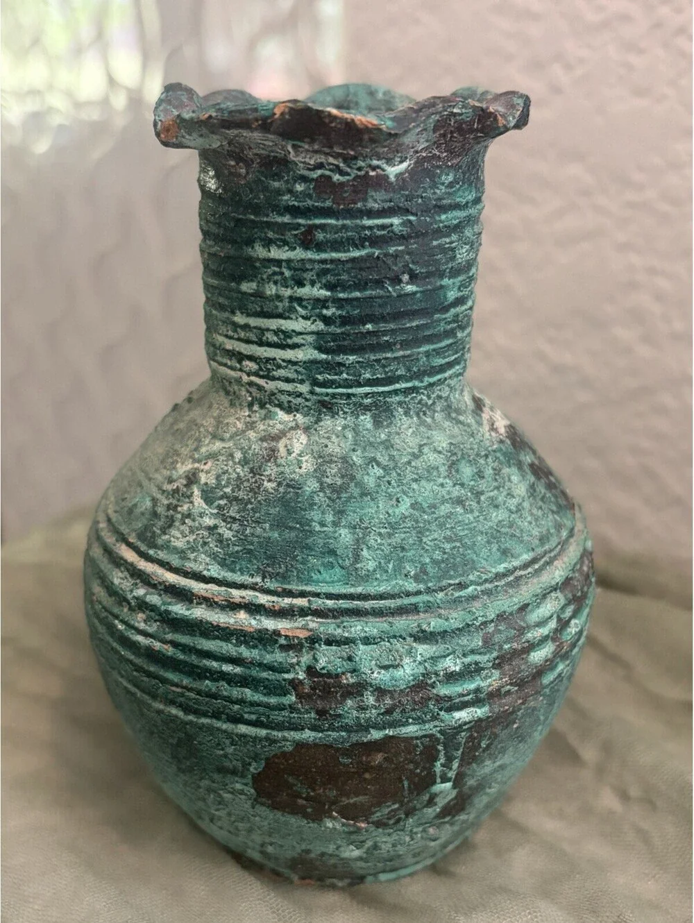 Vintage Chinese Ceramic Hu-Form Vase – 4.5” Faux Bronze Verdigris